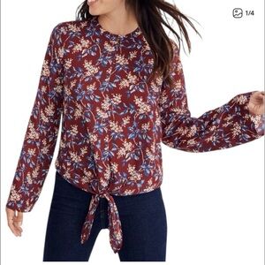 Madewell Burgundy Floral Tie-Front Blouse, Size. XL